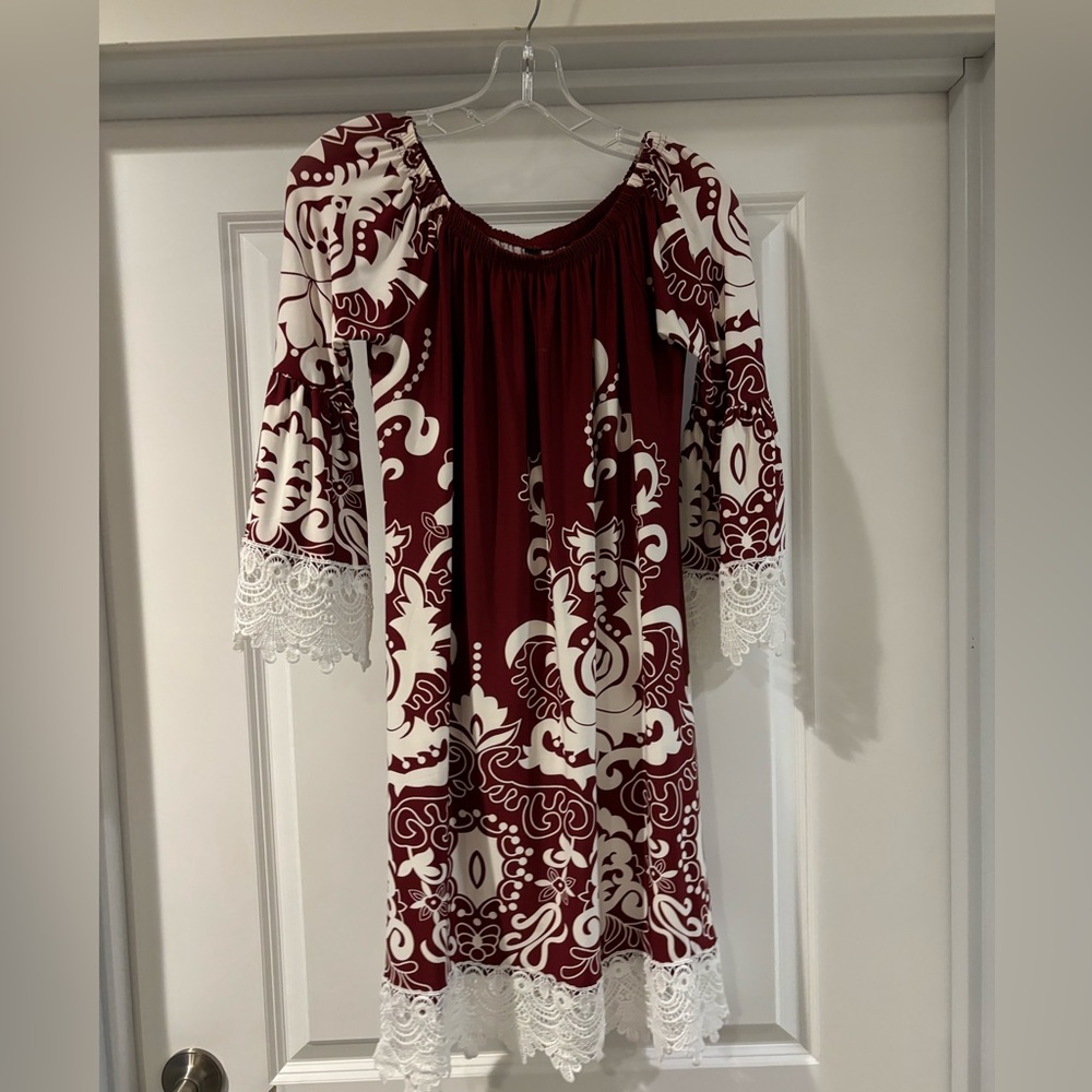 burgundy floral dresss with bell sleeves